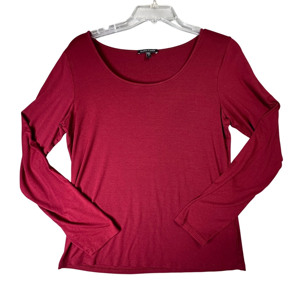 Eileen Fisher Long Sleeve Scoop‎ Neck Top Minimalist Burgundy Red Small Capsule